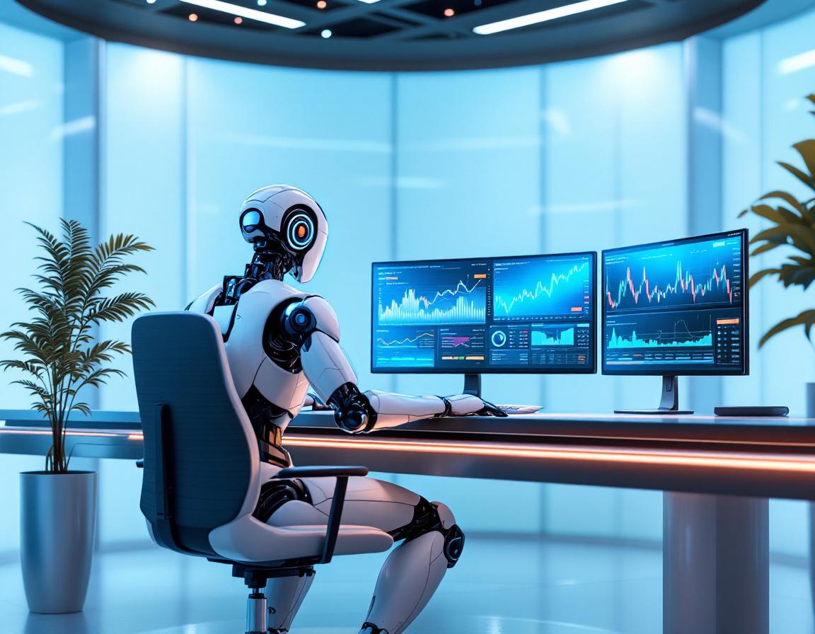 A sleek humanoid AI trading bot at a high-tech workstation analyzes market data on multiple screens.