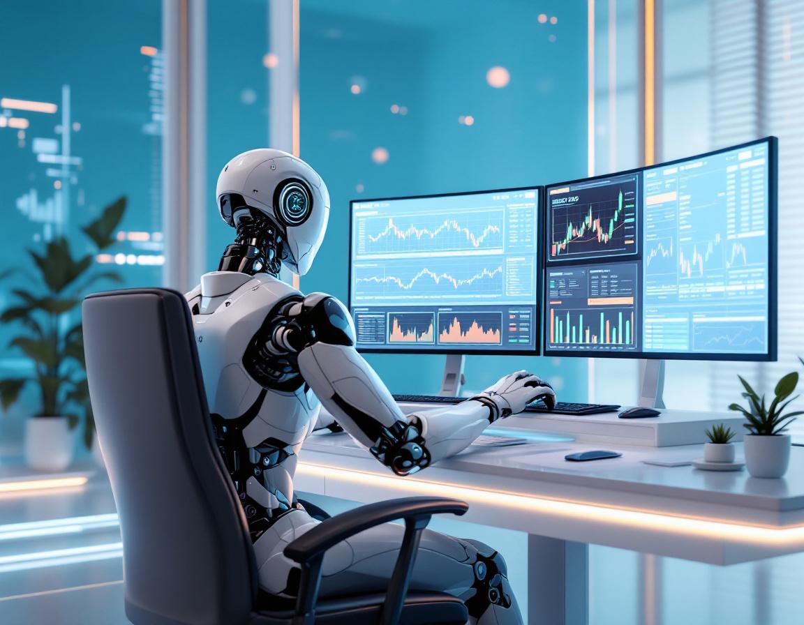 A hyper-realistic AI trading bot analyzes market data on multiple screens in a futuristic setting.