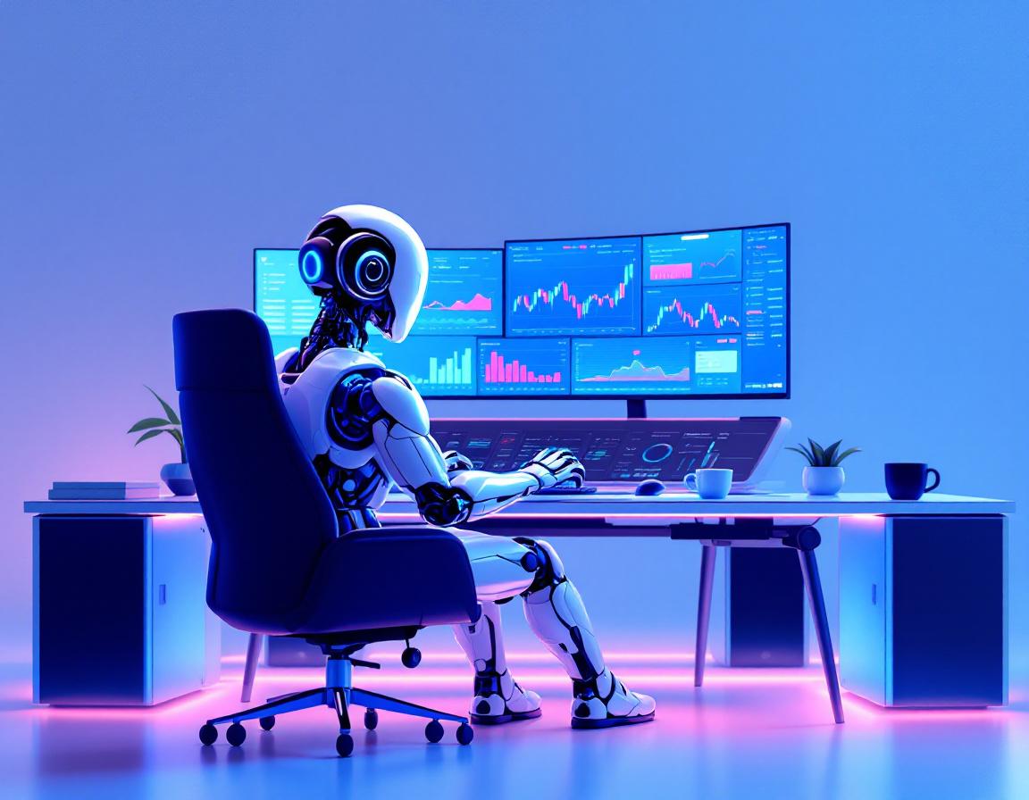 A sleek AI trading bot analyzes markets at a high-tech workstation, surrounded by dynamic screens.