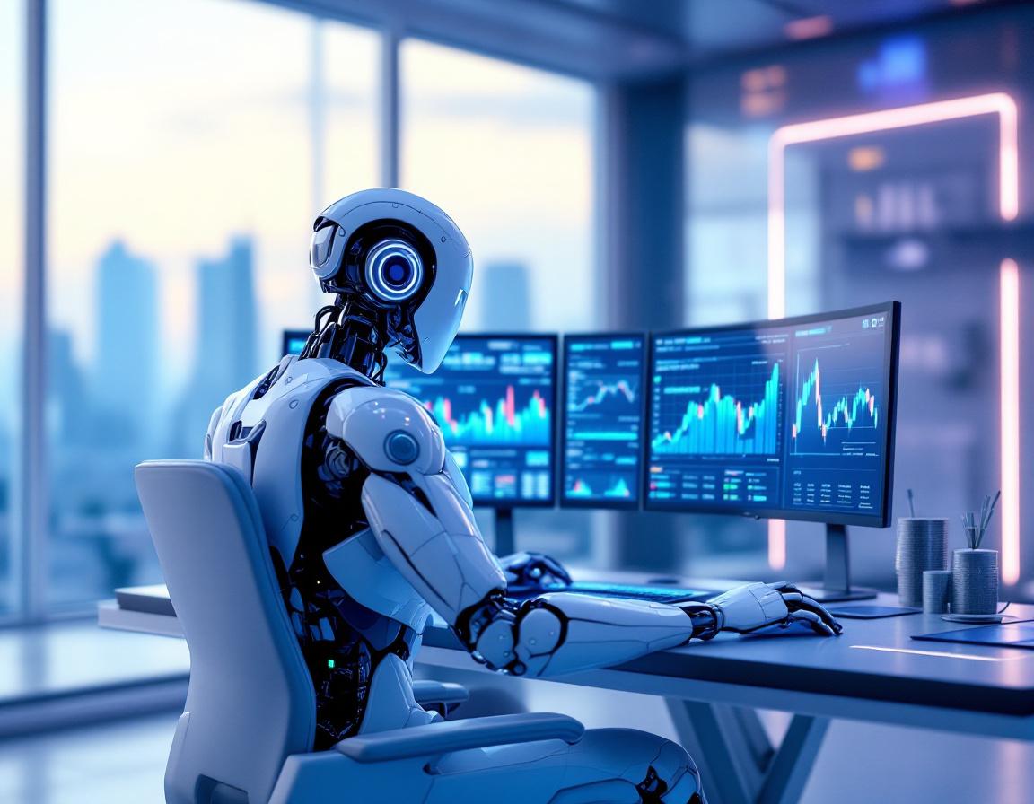 A hyper-realistic AI trading bot at a high-tech workstation analyzing stock and crypto market data.