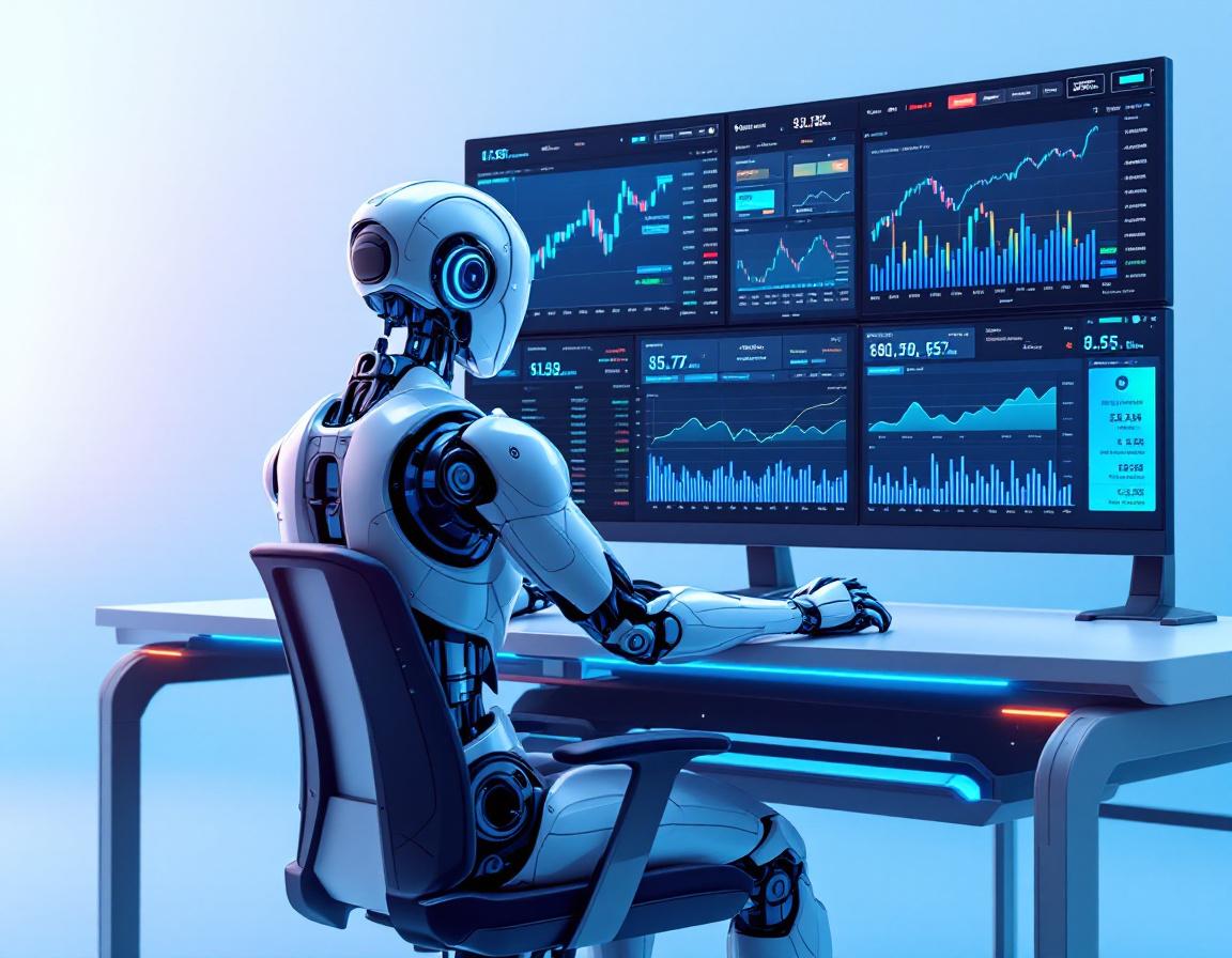 A hyper-realistic AI trading bot at a high-tech workstation, analyzing market data and trends.