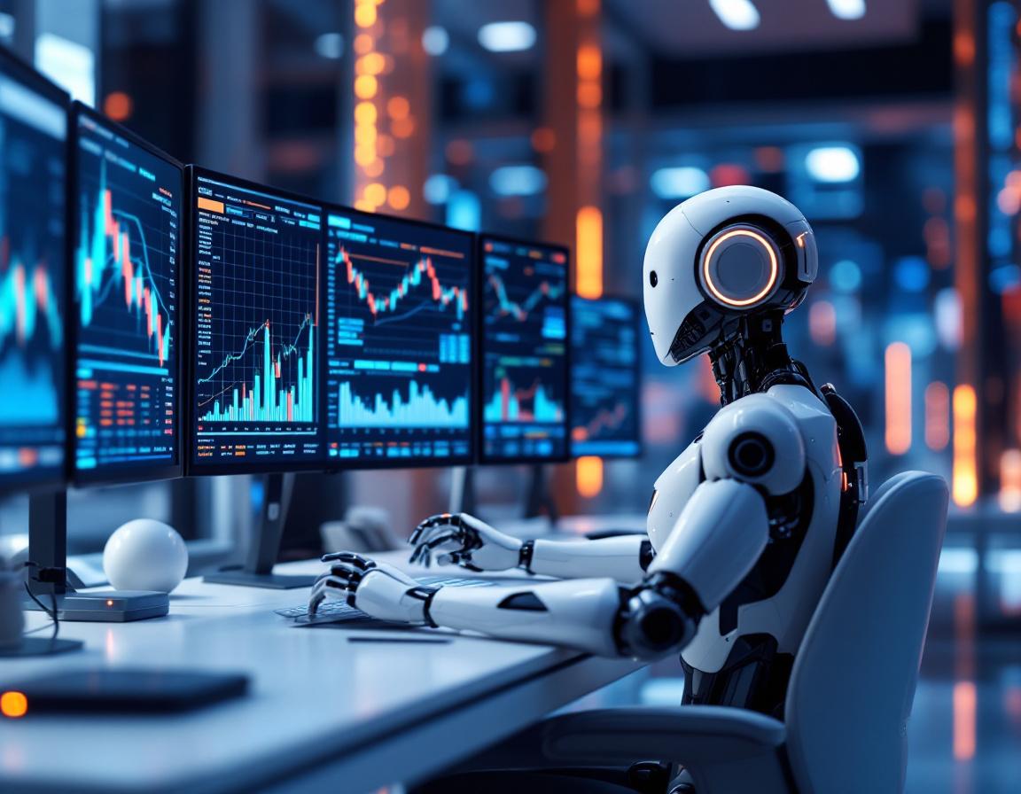 A hyper-realistic AI trading bot in a futuristic environment analyzing data on multiple screens.