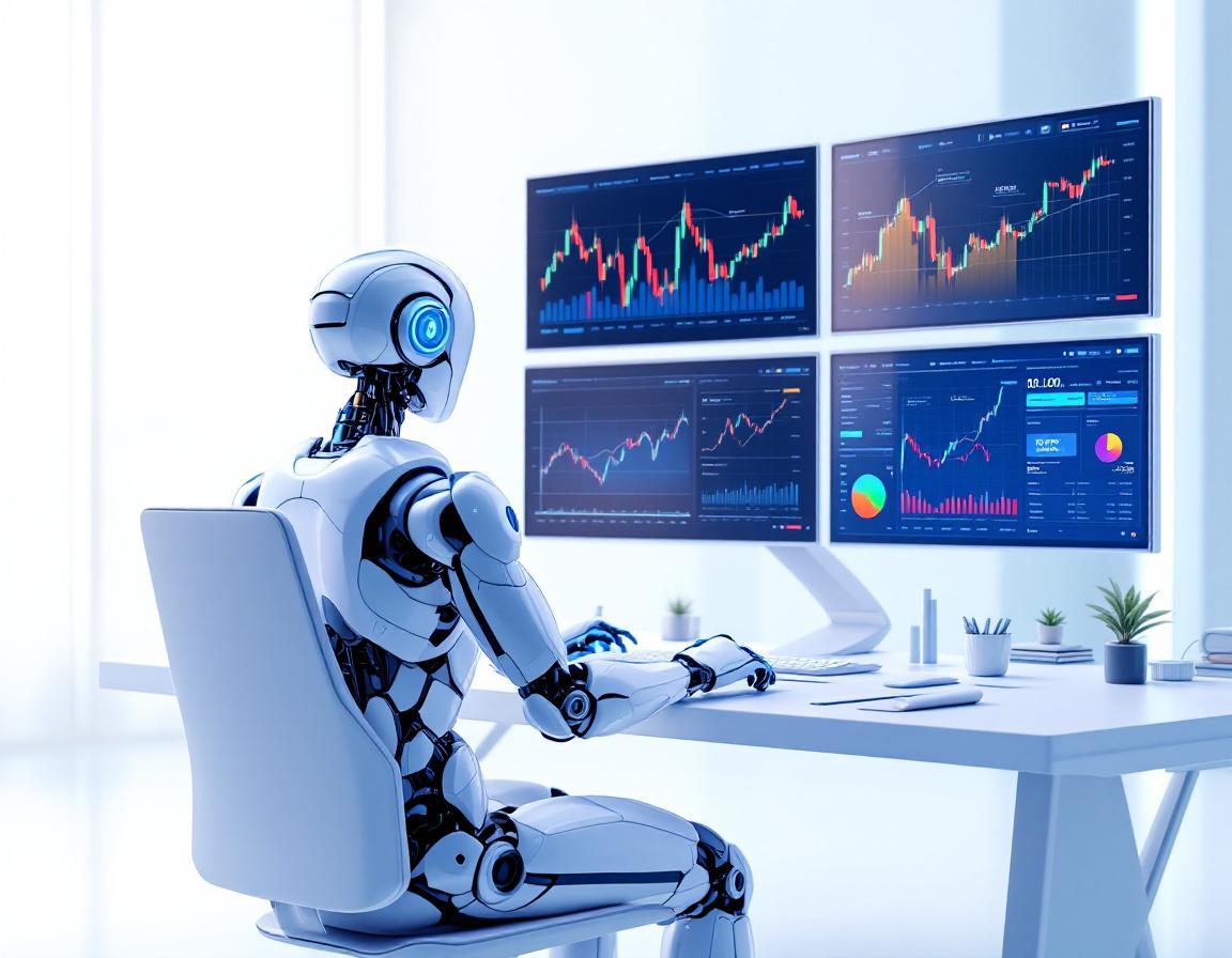 A sleek, humanoid AI trading bot analyzes market data in a futuristic trading environment.