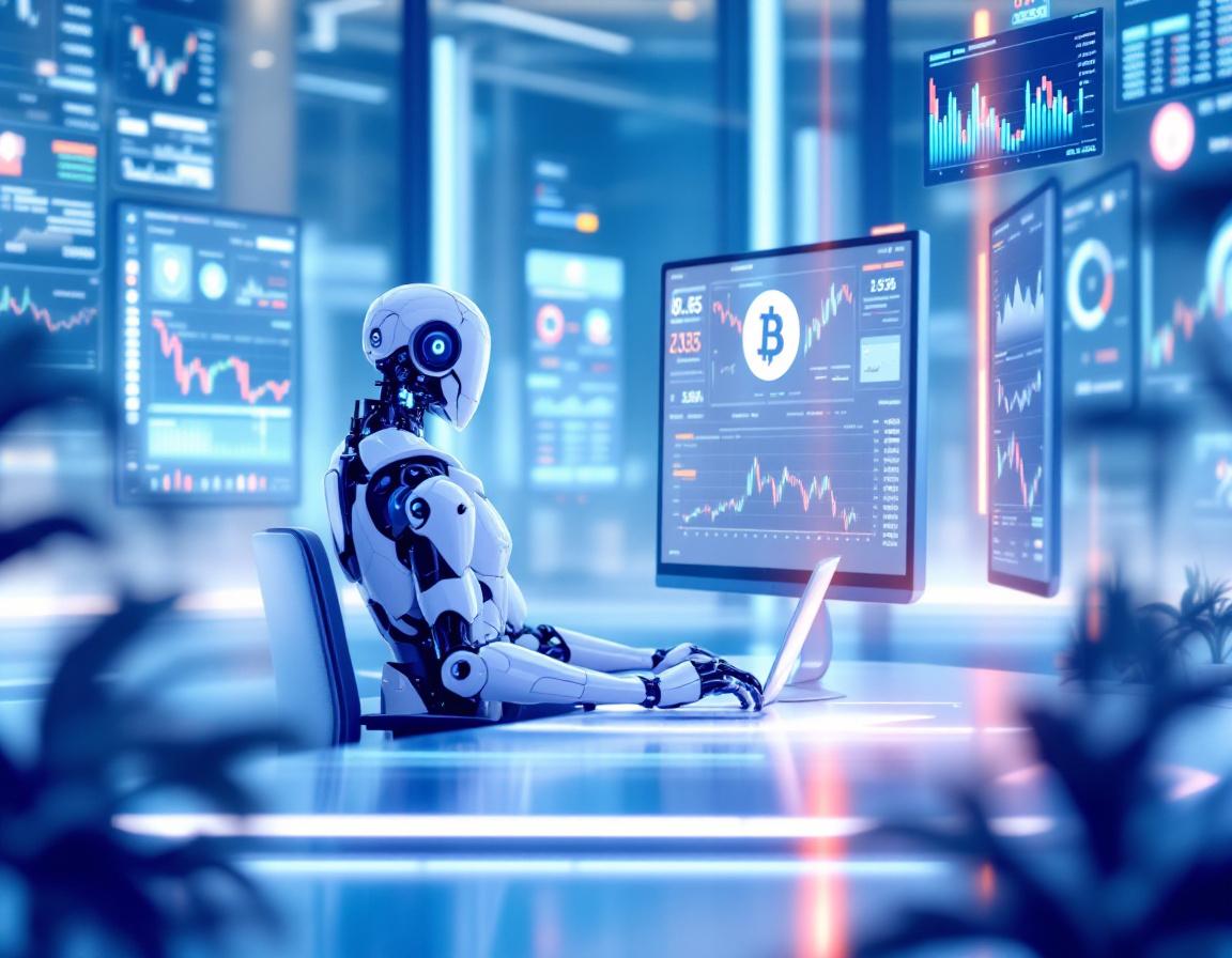A humanoid AI trading bot analyzes market data at a futuristic workstation with multiple screens.