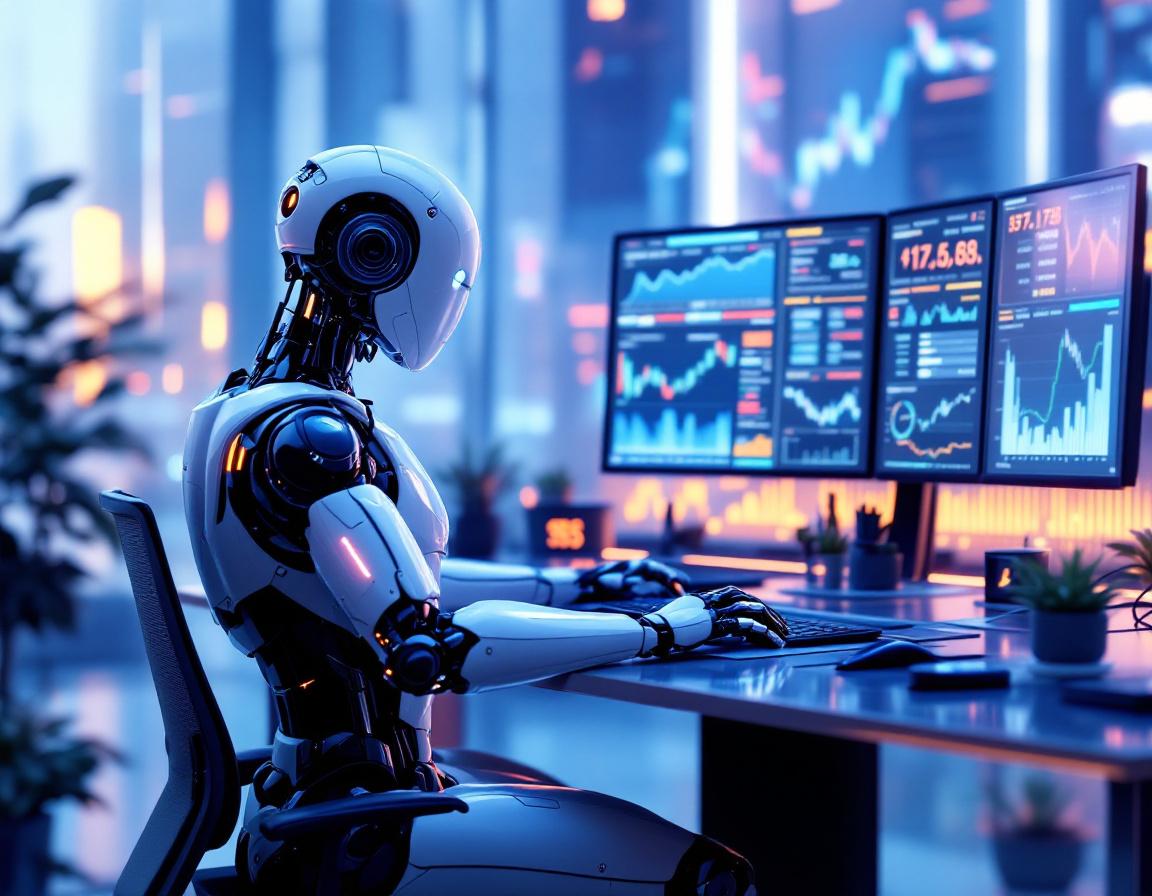 A humanoid AI trading bot at a high-tech workstation analyzing market data on multiple screens.