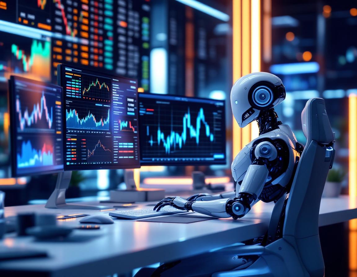 A humanoid AI trading bot analyzes market data at a high-tech workstation with multiple screens.