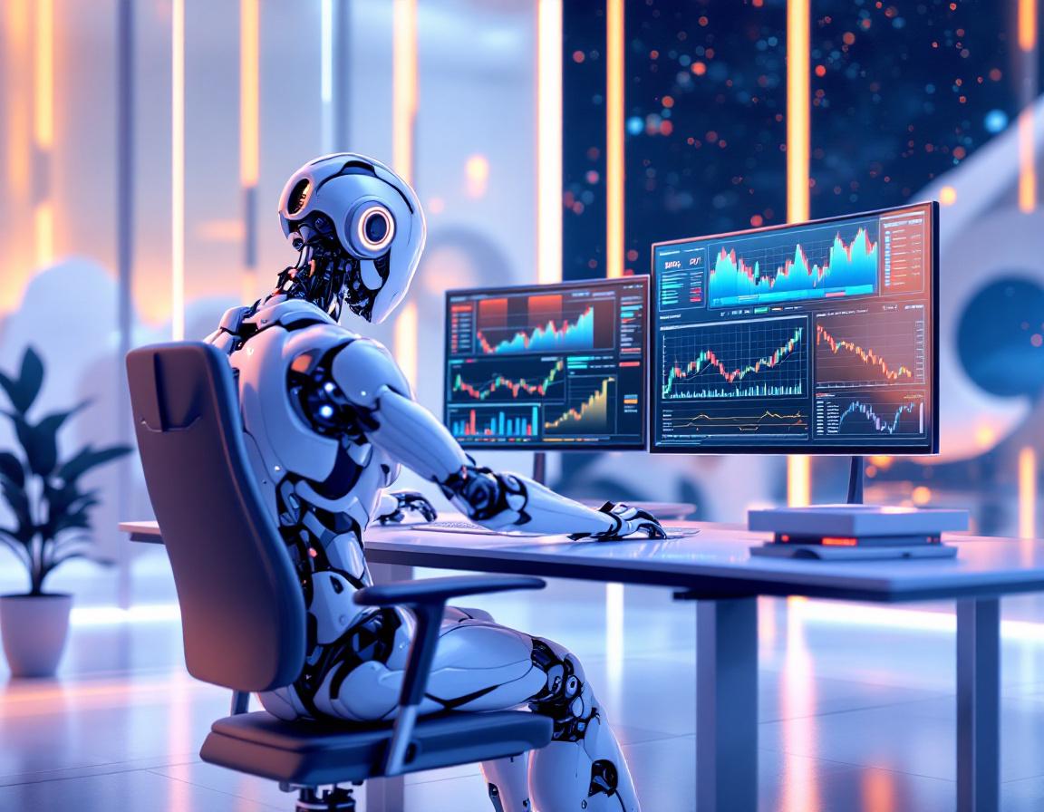 A hyper-realistic AI trading bot at a futuristic workstation analyzing stock and crypto market data.