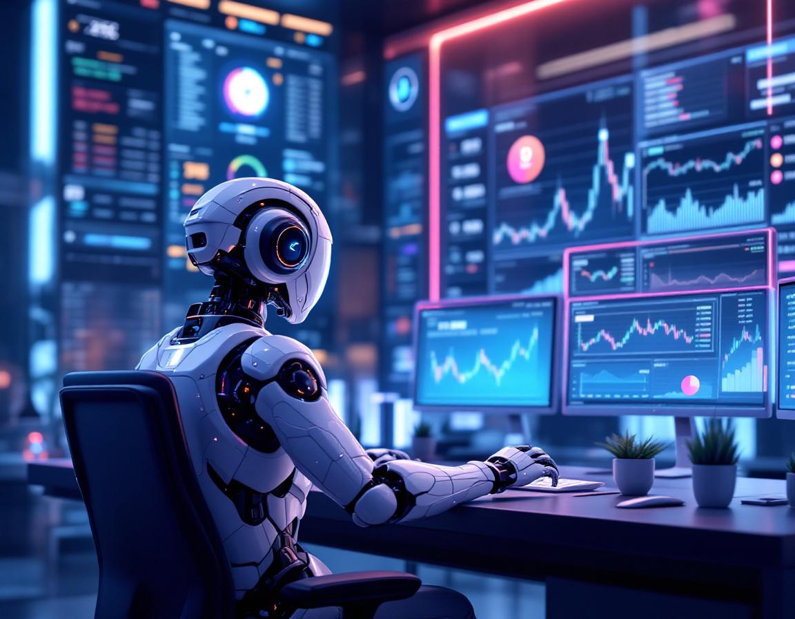A hyper-realistic AI trading bot analyzes data at a sleek workstation in a futuristic environment.