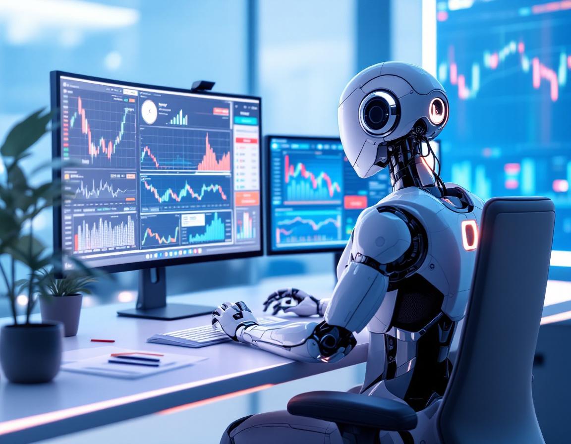 A humanoid AI trading bot at a high-tech workstation analyzing market data on multiple screens.