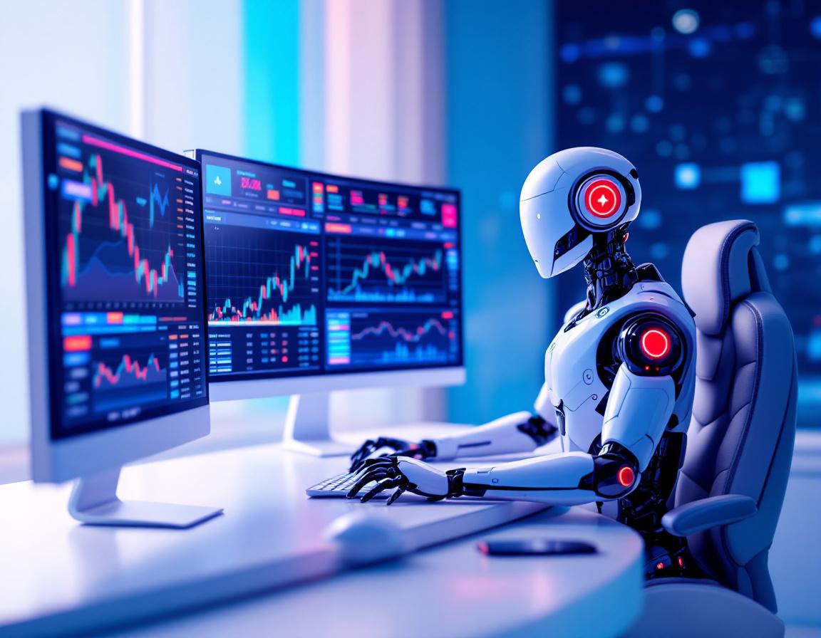 A hyper-realistic AI trading bot in a futuristic environment analyzing crypto and stock market data.