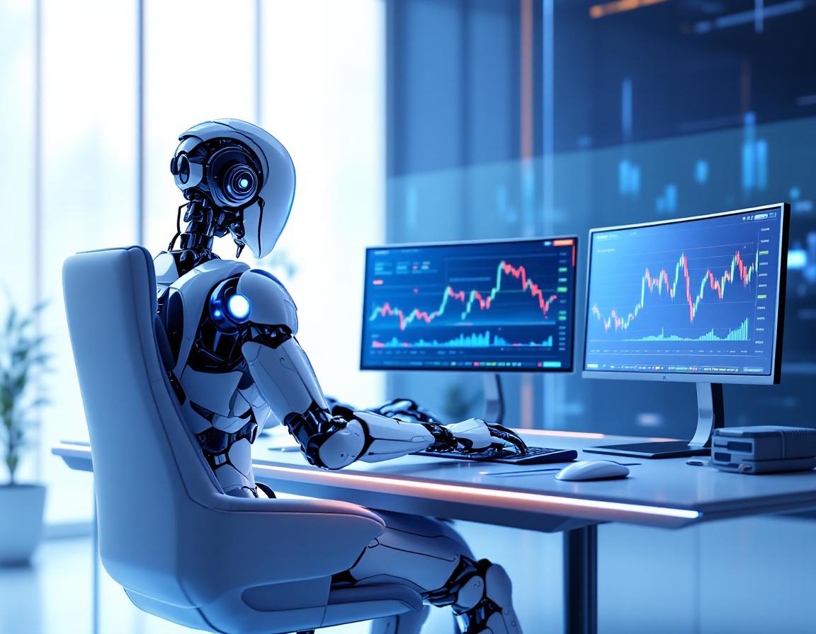 A sleek AI trading bot operates at a high-tech workstation, analyzing markets with multiple screens.