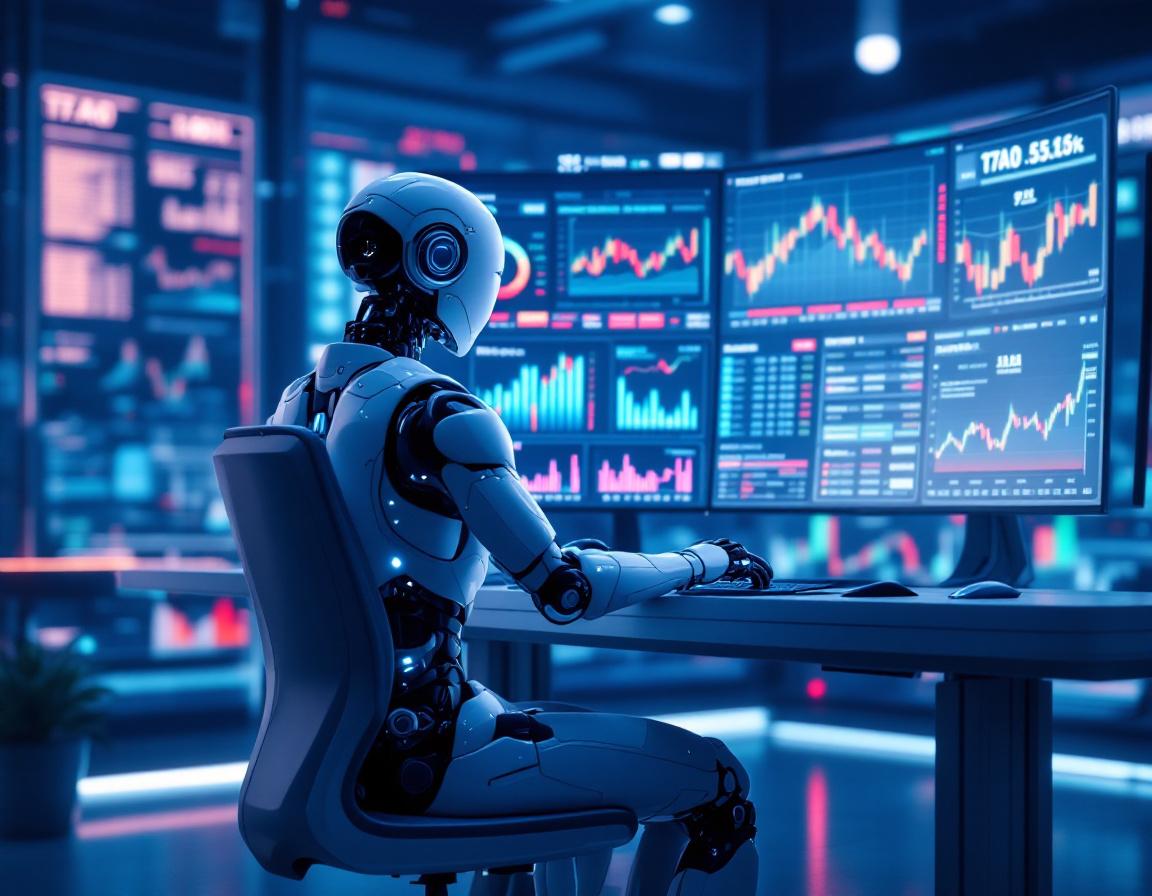 A humanoid AI trading bot at a high-tech workstation, analyzing market data across multiple screens.