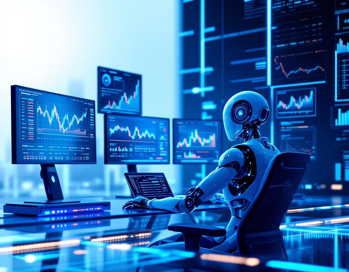 A futuristic AI trading bot analyzes market data at a high-tech workstation, surrounded by screens.