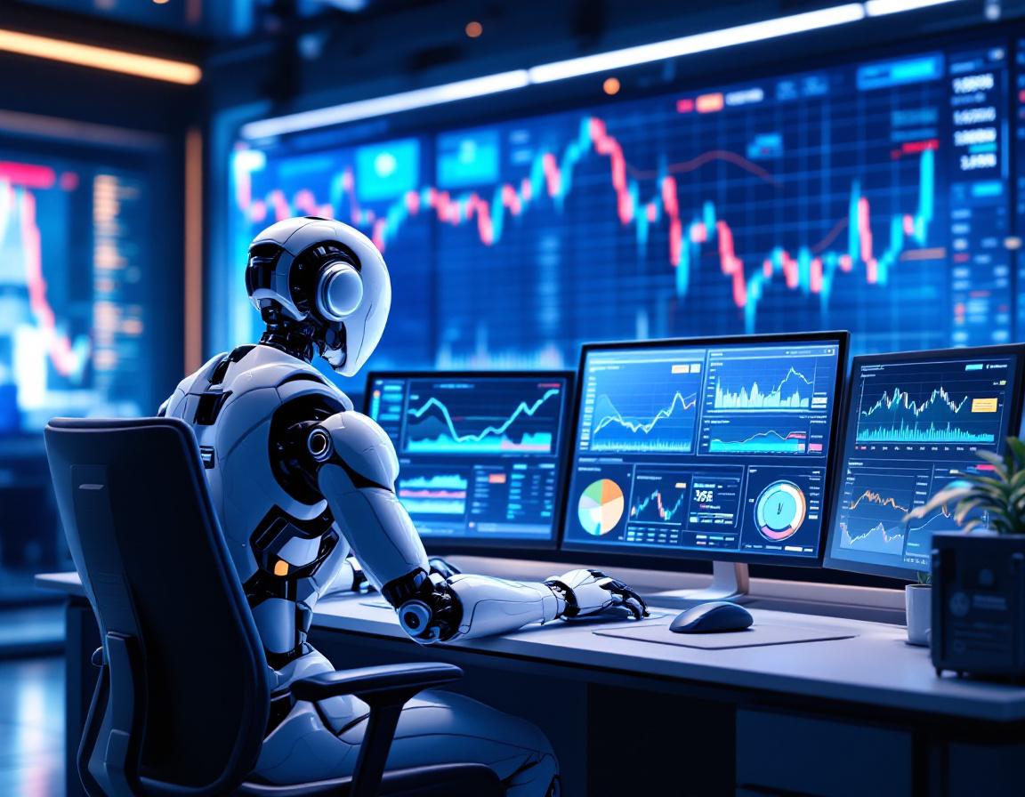A hyper-realistic AI trading bot at a high-tech workstation, analyzing crypto and stock market data.