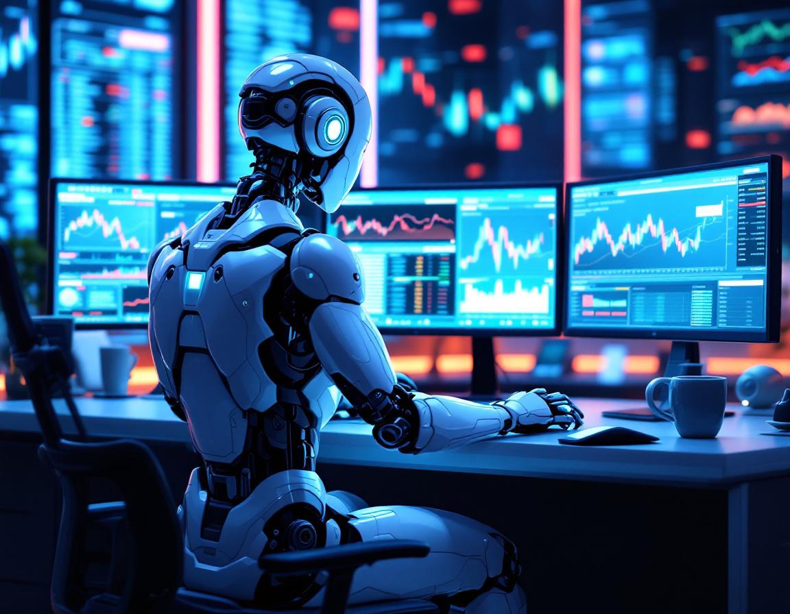 A humanoid AI trading bot at a high-tech workstation analyzing crypto trends with multiple screens.