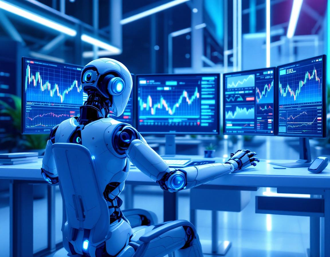 A humanoid AI trading bot analyzes market data at a high-tech workstation with glowing screens.