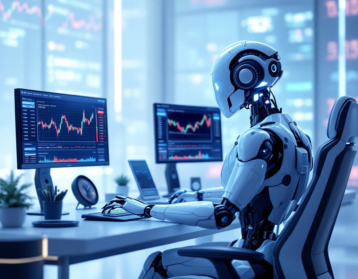 A hyper-realistic AI trading bot at a high-tech workspace analyzing crypto and stock market trends.