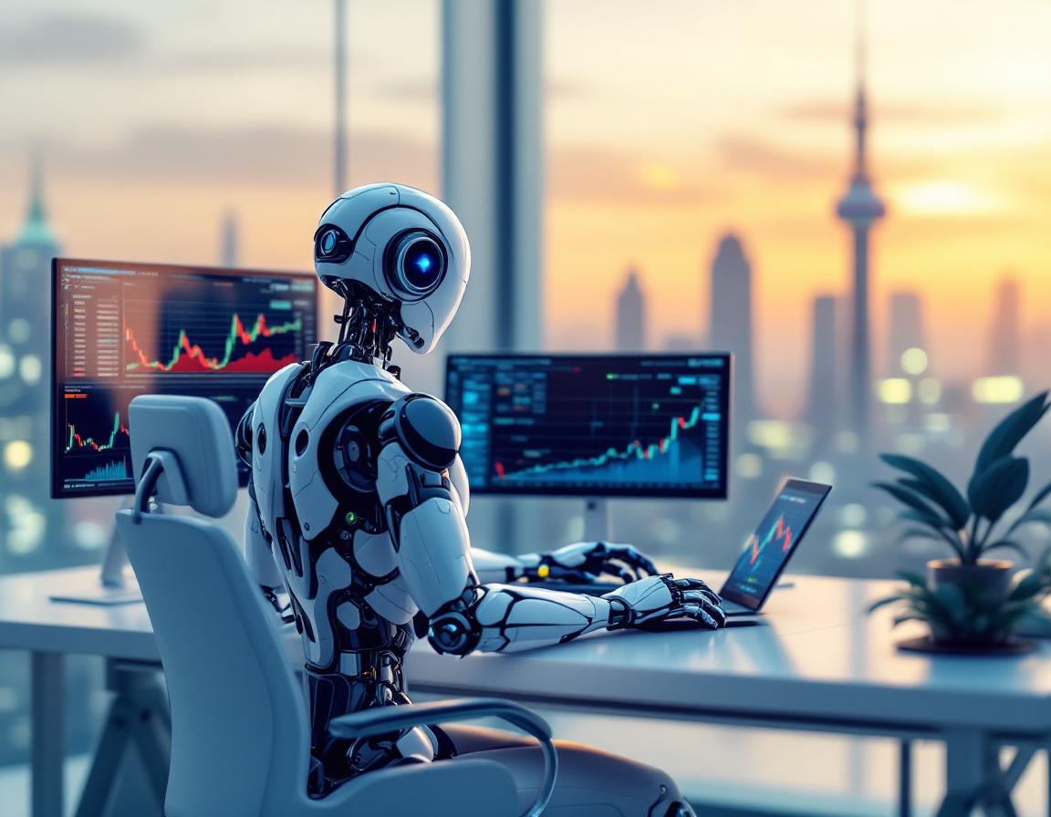 A humanoid AI trading bot at a futuristic workstation analyzing market data across multiple screens.