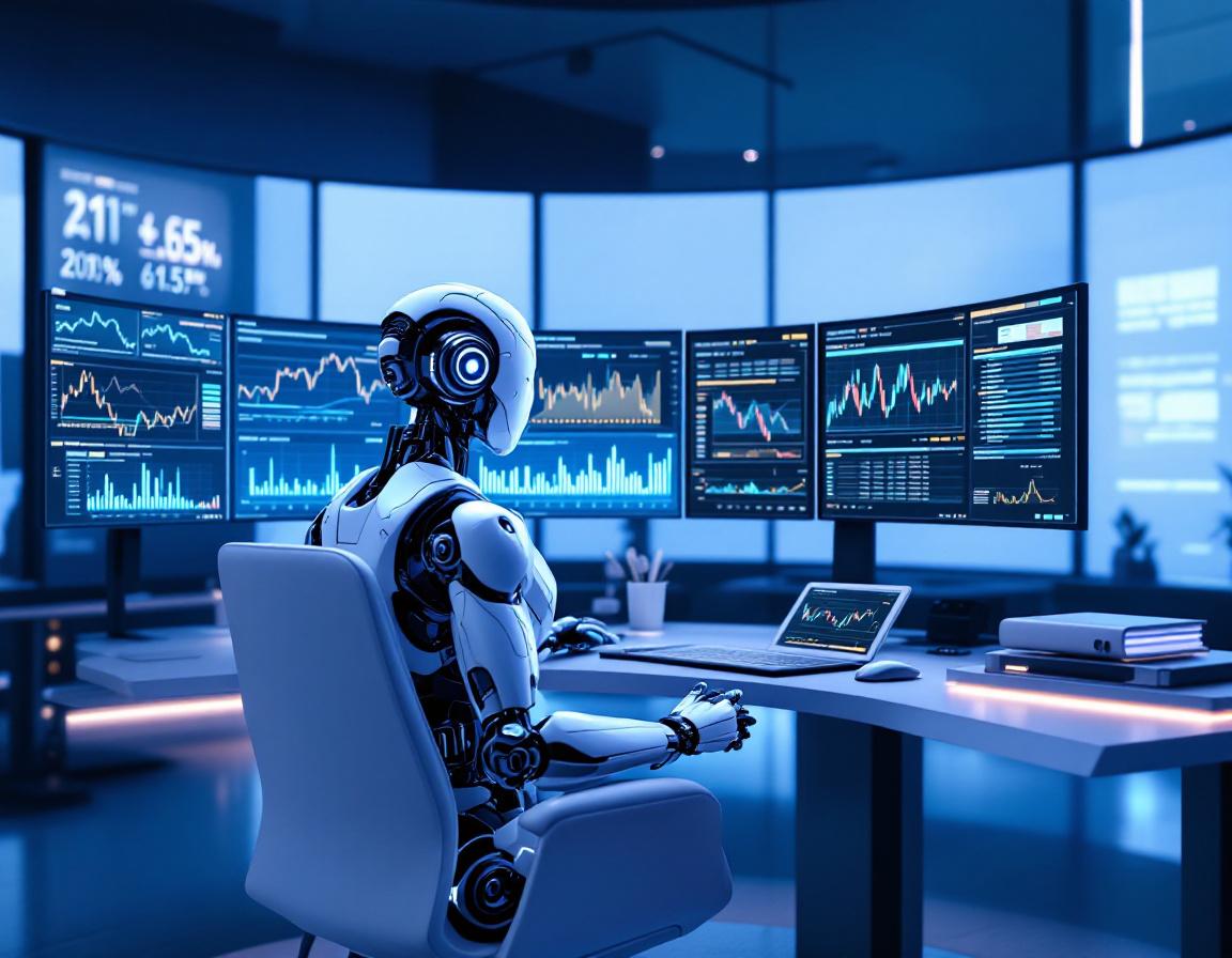 A hyper-realistic AI trading bot analyzes market data in a sleek workstation with glowing screens.