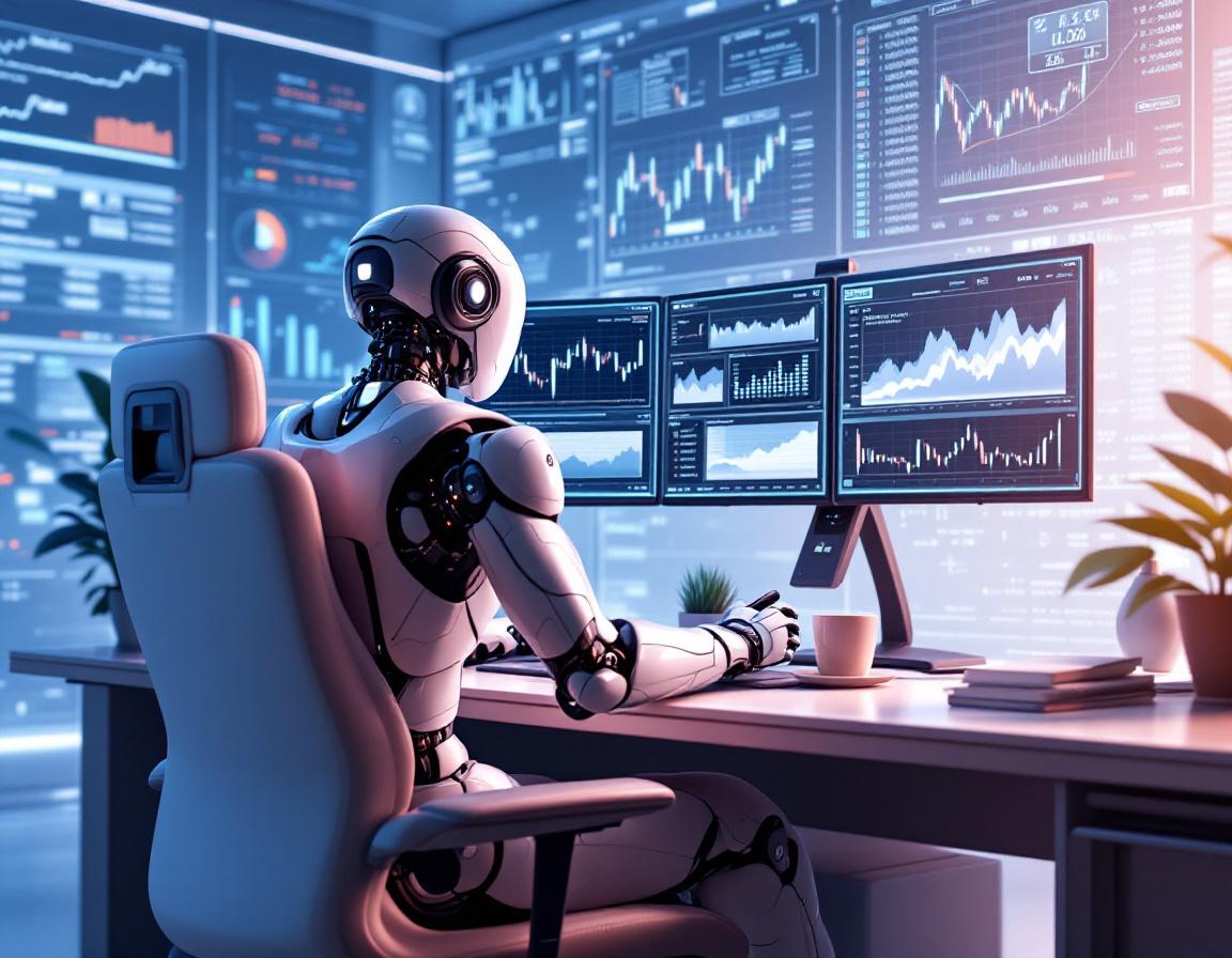 A humanoid AI trading bot analyzes market data at a high-tech workstation with glowing screens.