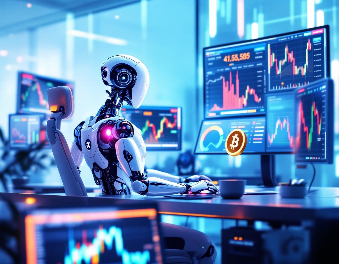 Hyper-realistic AI trading bot analyzes market data at a sleek workstation in a futuristic setting.