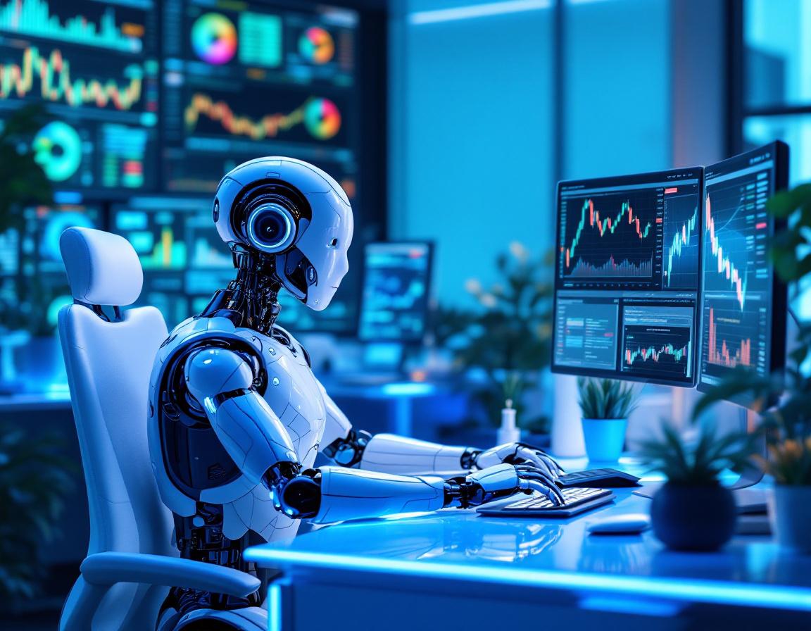 A humanoid AI trading bot at a high-tech workstation analyzing market data on multiple screens.