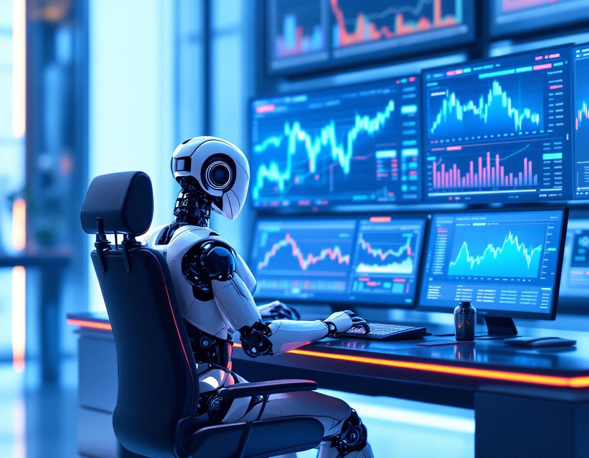 A humanoid AI trading bot analyzes market data at a high-tech workstation with multiple screens.