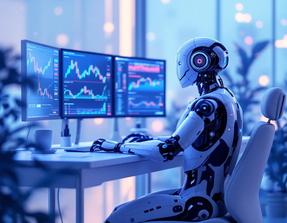 A humanoid AI trading bot analyzes market data at a high-tech workstation with multiple screens.