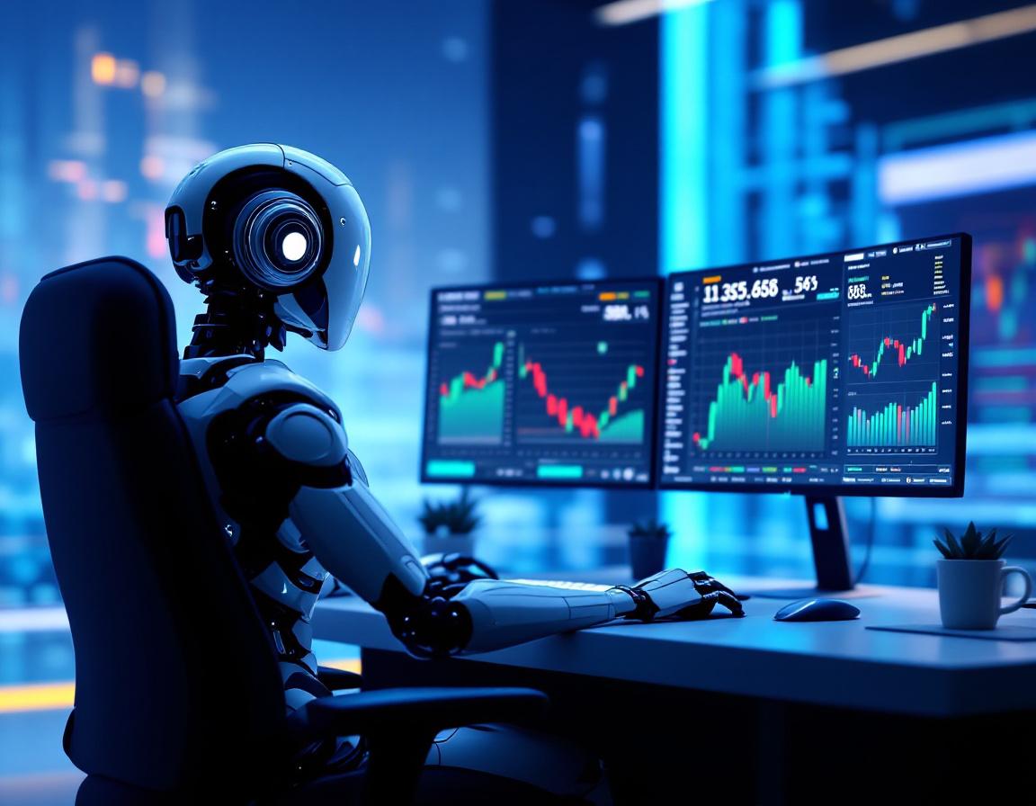 A sleek humanoid AI trading bot at a workstation, analyzing market data on multiple screens in 3D.