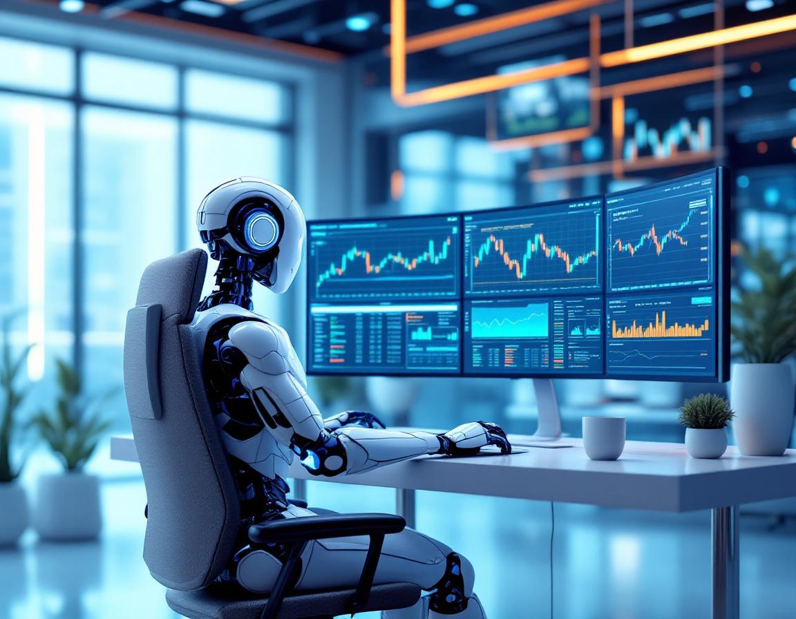 A hyper-realistic AI trading bot analyzes market data on multiple screens in a futuristic setting.