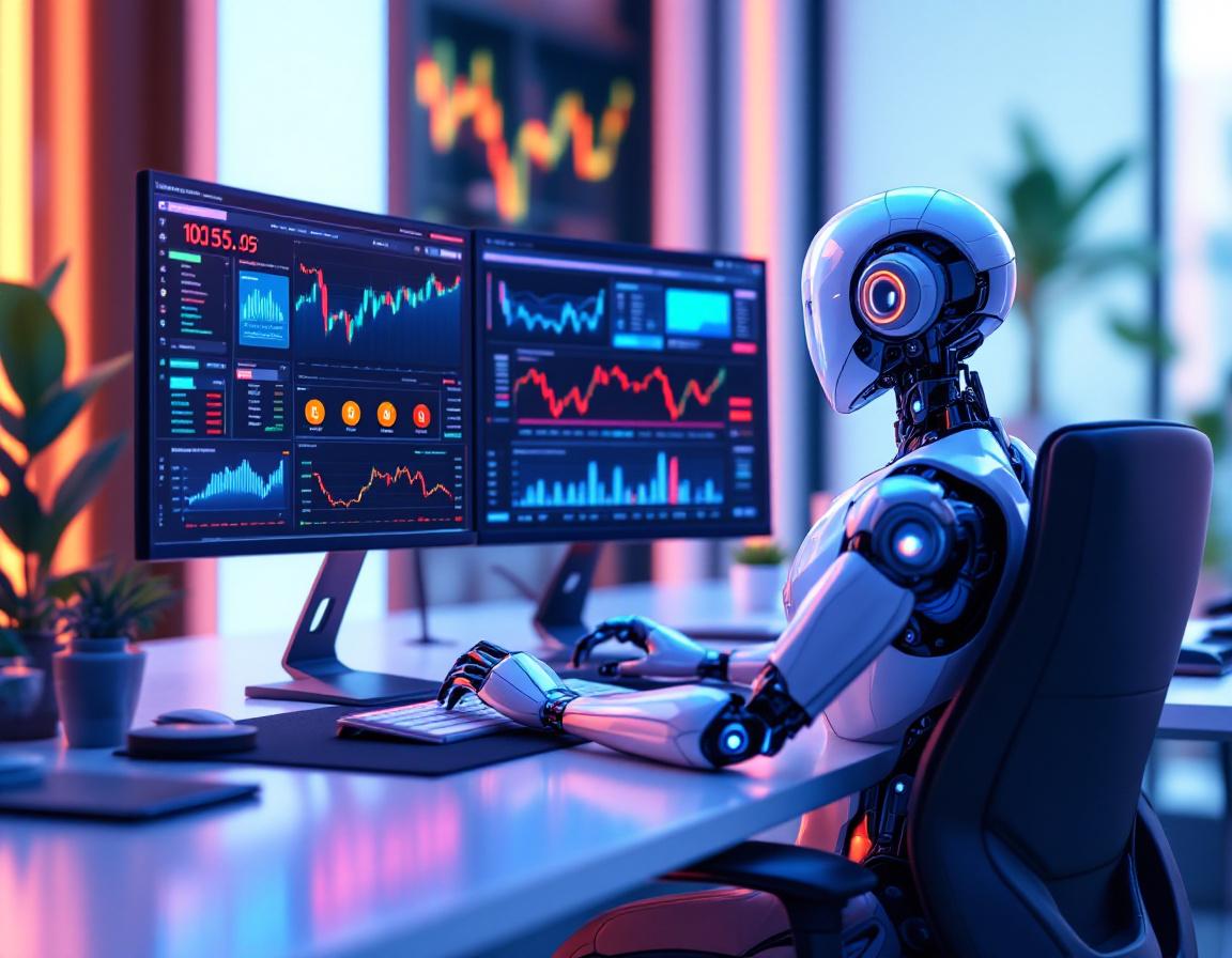 A hyper-realistic AI trading bot at a sleek workstation analyzing crypto and stock market data.