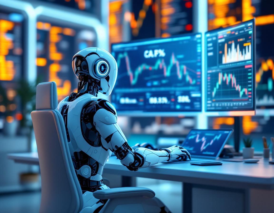 A humanoid AI trading bot analyzes market data at a high-tech workstation with multiple screens.
