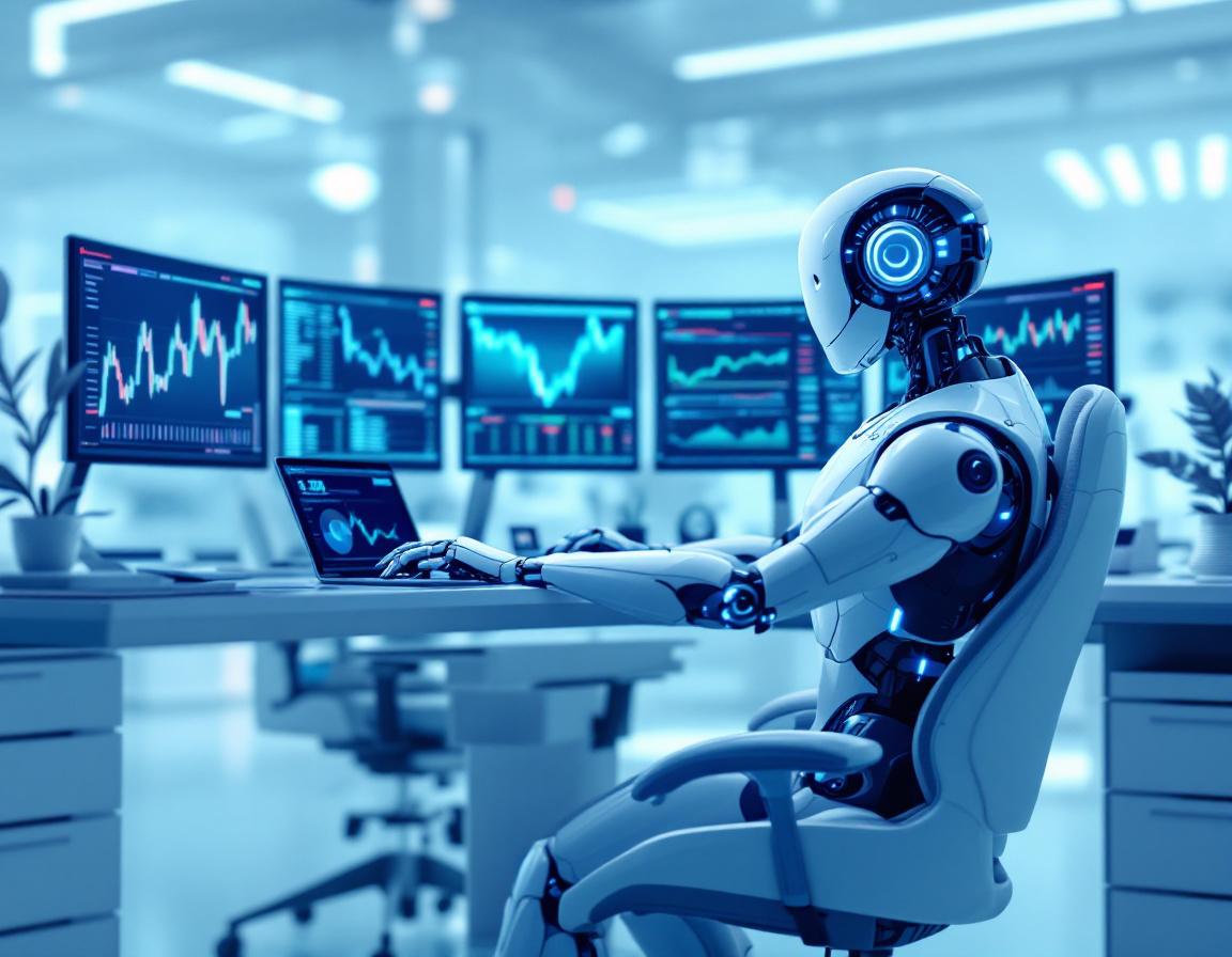 A humanoid AI trading bot at a high-tech workstation analyzing crypto trends on multiple screens.