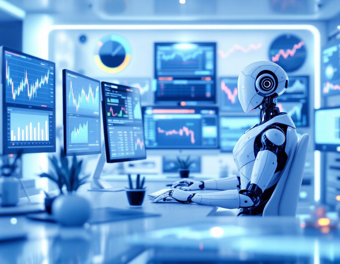 A hyper-realistic AI trading bot analyzing market data on multiple screens in a futuristic setting.