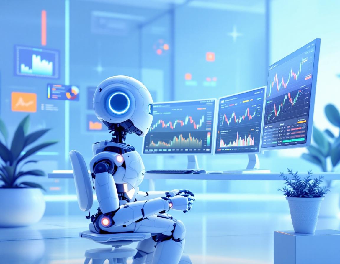 A hyper-realistic AI trading bot analyzes market data at a sleek workstation with multiple screens.