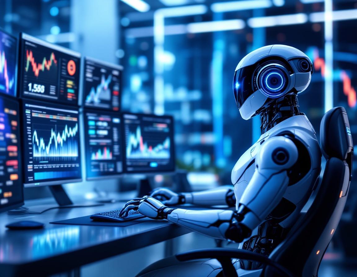 A humanoid AI trading bot at a workstation analyzes data across multiple market display screens.