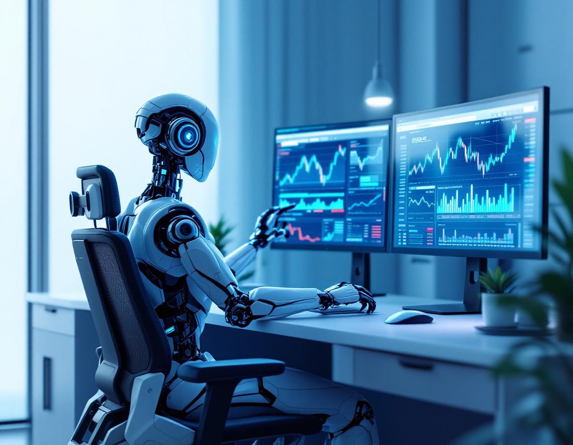 A hyper-realistic AI trading bot at a workstation analyzing market data on multiple screens in 2025.