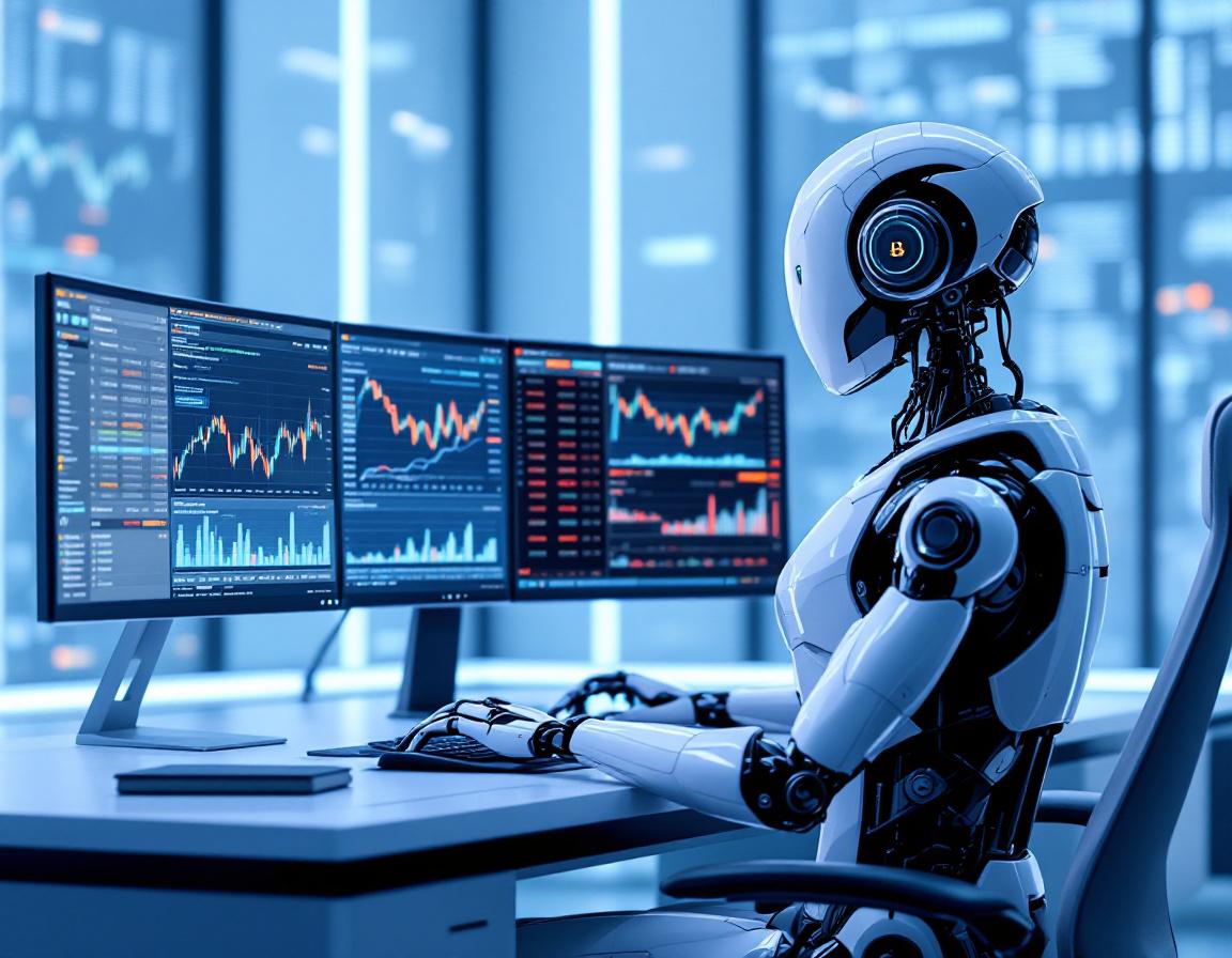 A humanoid AI trading bot analyzes market data at a high-tech workstation with several screens.