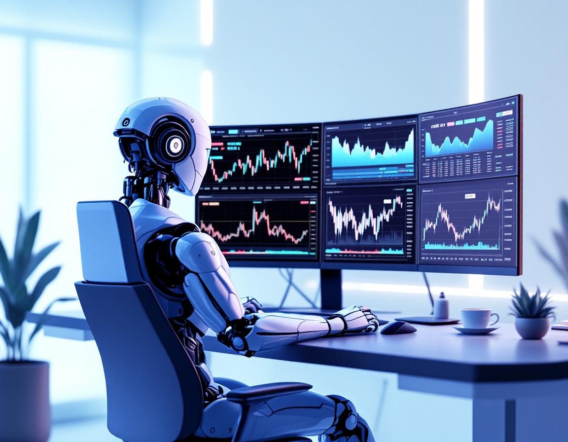 A hyper-realistic AI trading bot analyzing market data at a high-tech workstation with screens.