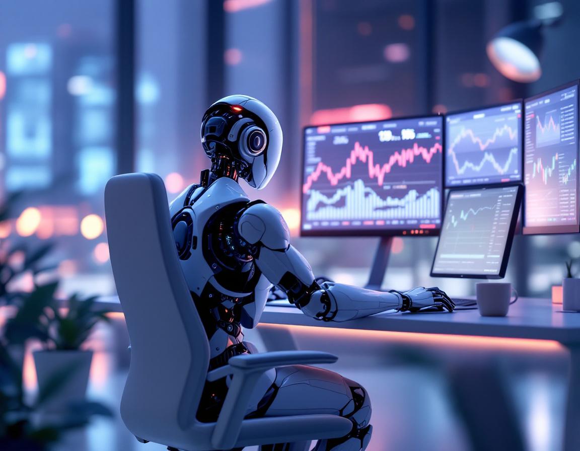 A humanoid AI trading bot analyzes market data at a futuristic workstation with multiple screens.