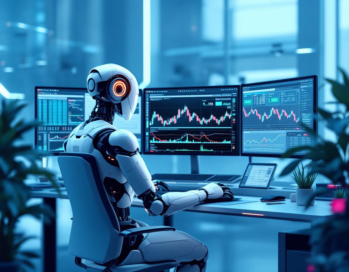 A humanoid AI trading bot analyzes market data at a high-tech workstation with multiple screens.