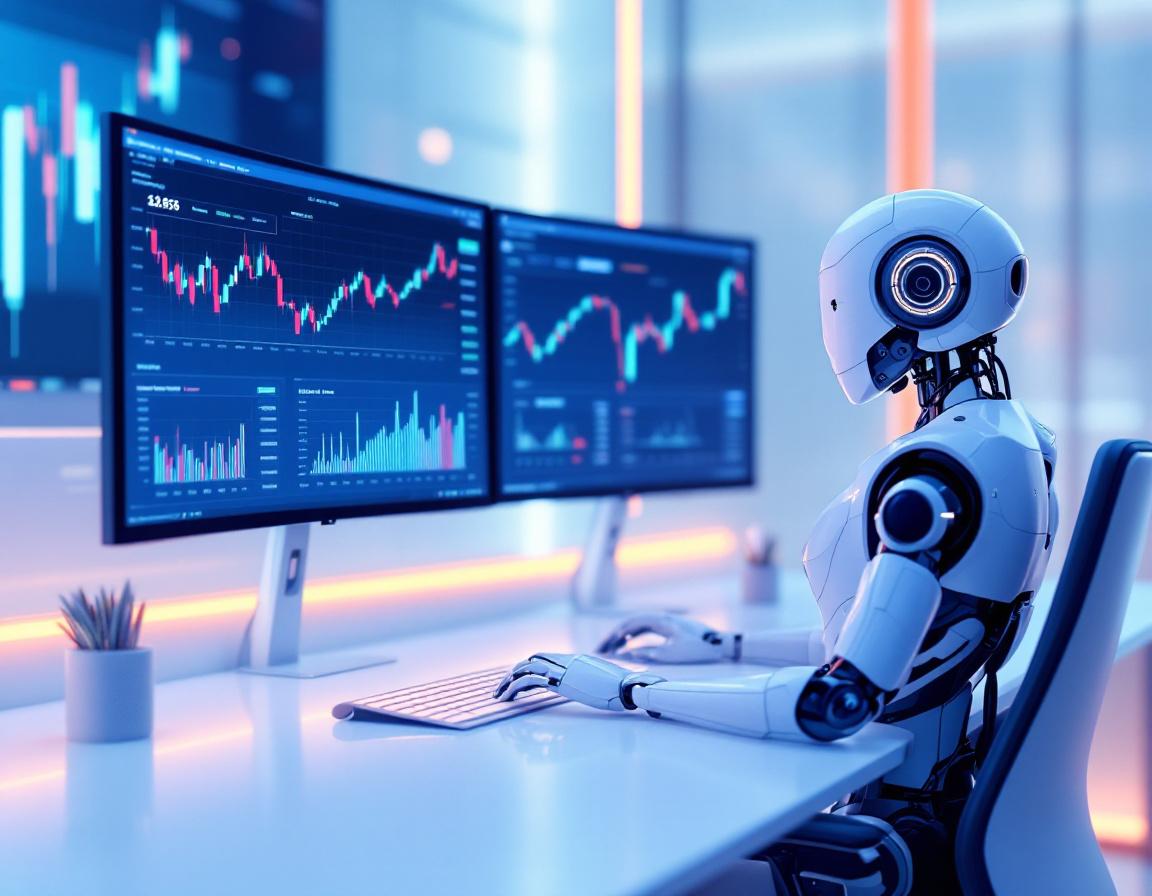 A humanoid AI trading bot analyzes market data at a high-tech workstation in a futuristic setting.