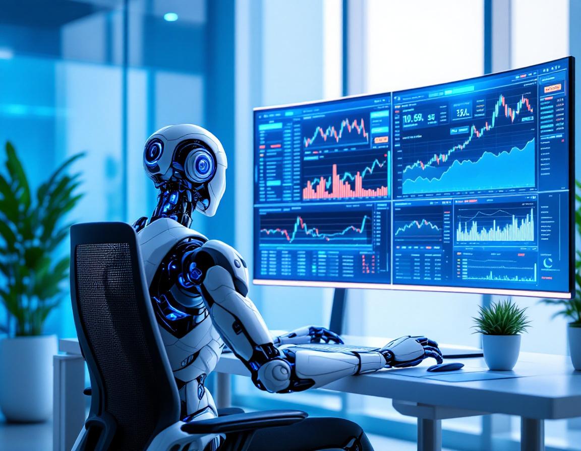 A hyper-realistic AI trading bot in a high-tech workspace analyzing market data on multiple screens.