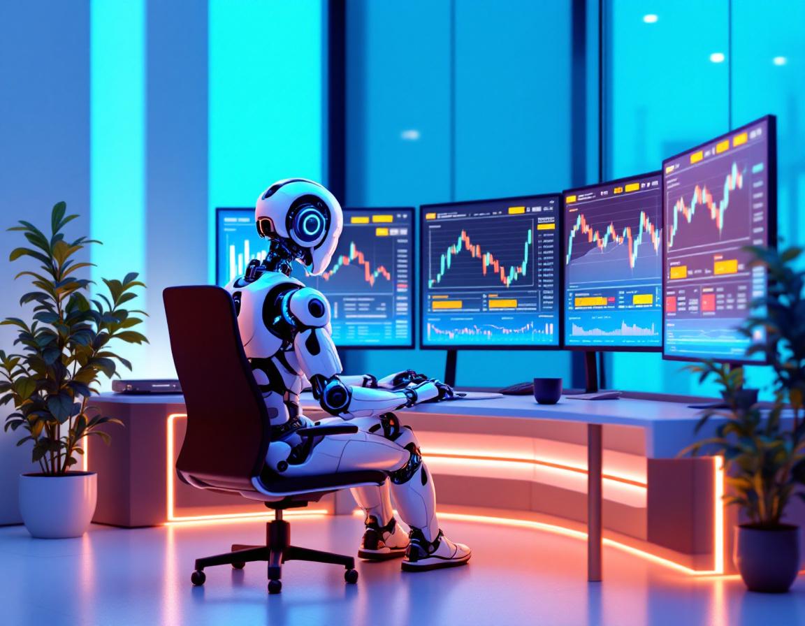 A hyper-realistic AI trading bot at a sleek workstation, analyzing market data on multiple screens.