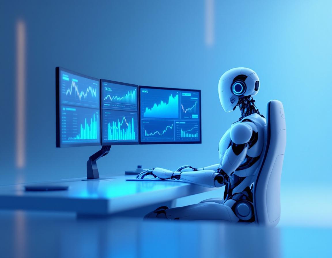 A hyper-realistic AI trading bot at a workstation, analyzing market data on multiple screens.