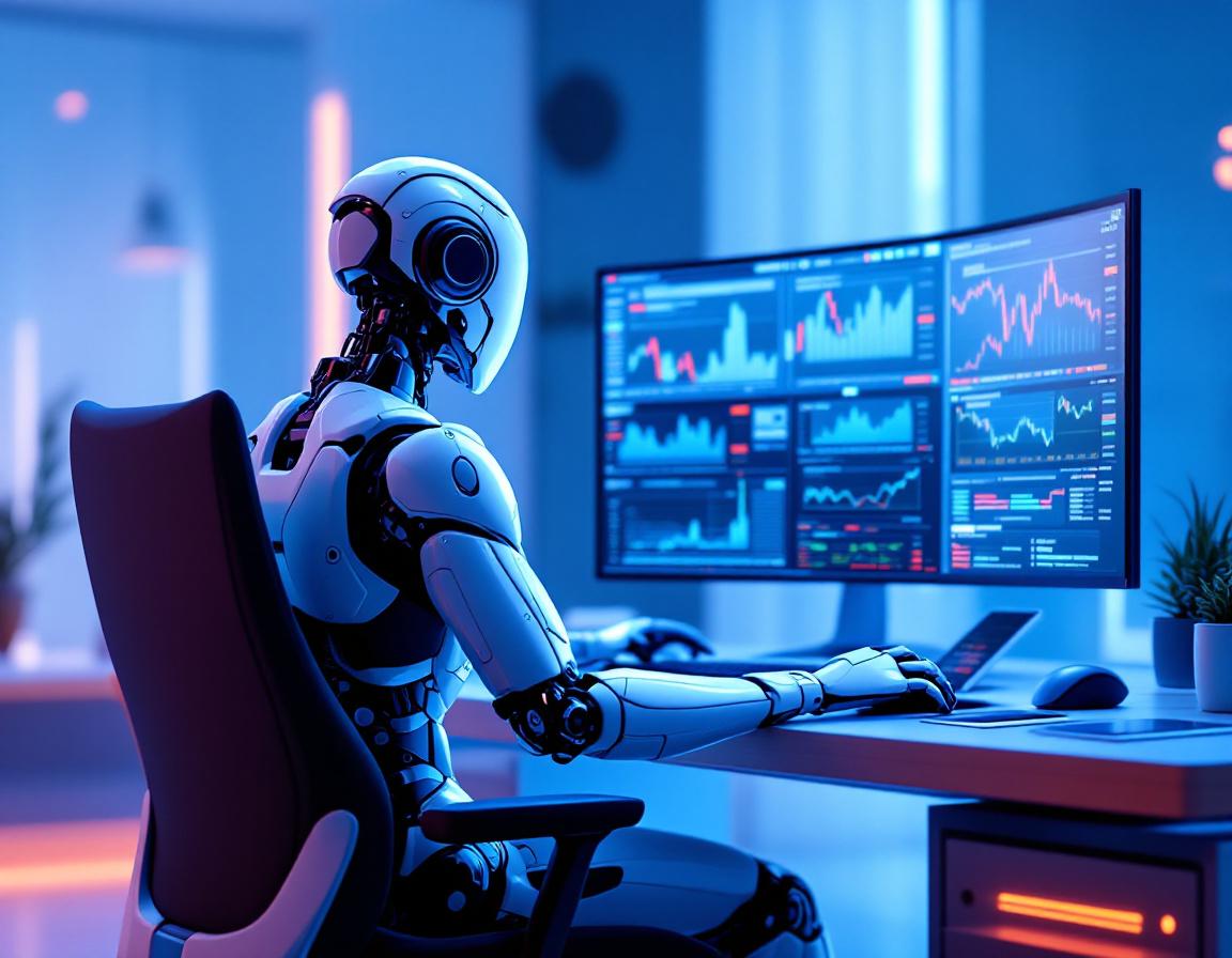 A hyper-realistic 3D AI trading bot at a futuristic workstation, analyzing stock and crypto data.