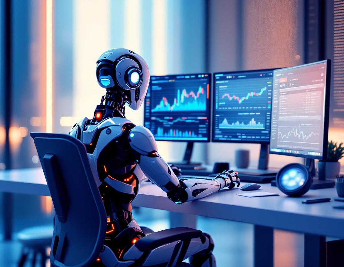 A hyper-realistic AI trading bot in a futuristic setting analyzing market data on multiple screens.