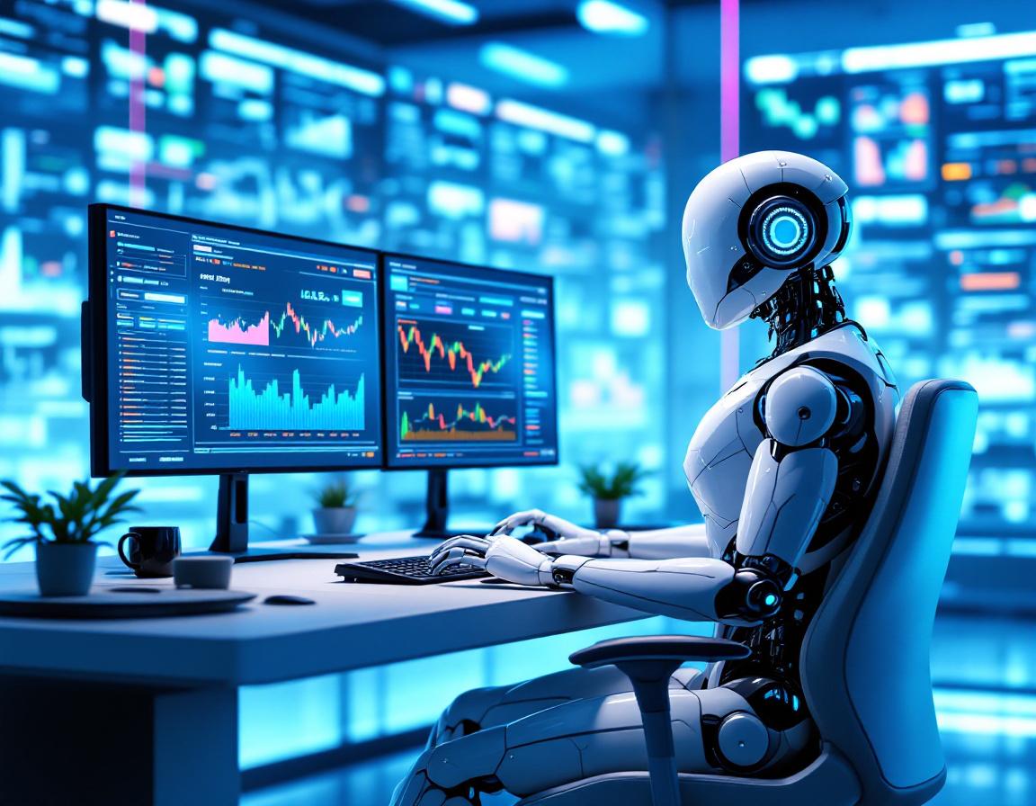 A hyper-realistic AI trading bot in a futuristic environment analyzing crypto and stock market data.