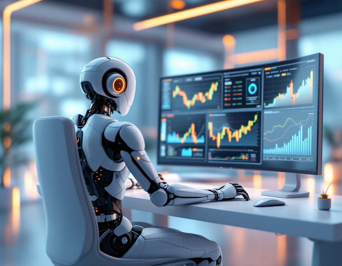 A sleek humanoid AI trading bot operates at a high-tech workstation, analyzing crypto market data.