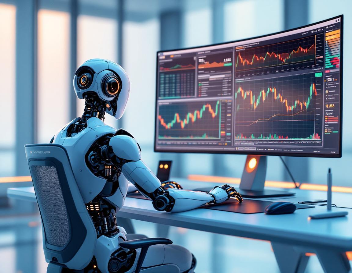 A humanoid AI trading bot analyzes market data at a high-tech workstation with multiple screens.